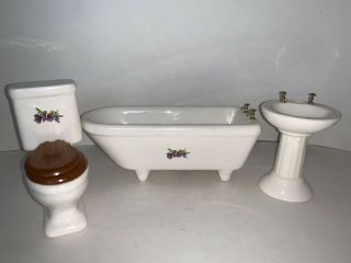 Miniature Dollhouse Porcelain Bathroom Set,  Tub,  Toilet,  Sink Floral Violets