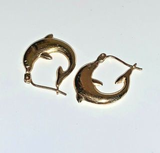 Vintage 14k Yellow Gold Dolphin/porpoise/aquatic Hoop Earrings Rare 1.  4g