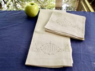 2 Antique Rustic Homespun Linen Tea Glass Towels Lovely Hand Embroidery 15x25 "