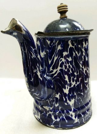 Antique Granite Ware Enamel Cobalt Blue And White Swirl Coffee/tea Pot Rare 7 " In