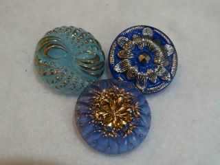 Rare Antique & Vintage Bohemian Blue Glass Buttons Gilded Flower,