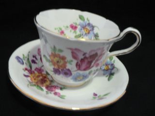Aynsley Tea Cup And Saucer Multi Color Floral Design On White