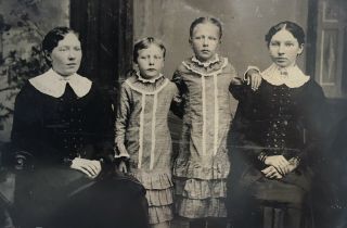 Antique American Four School Girls Sisters Big 7x4.  5 Tintype Photo
