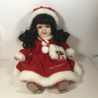 Vintage 8” Christmas Porcelain Doll Stuffed Body December Red Dress Shoes Hat