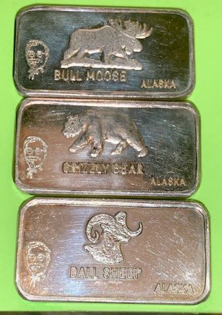 Vintage - Rare “the Alaska Series 1,  2,  3” 1/4 Oz Each,  999 Fine Silver Bars