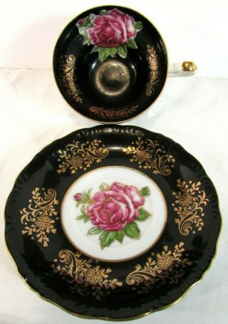Vintage Royal Halsey Footed Black Gold Pink Roses Lusterware Tea Cup & Saucer