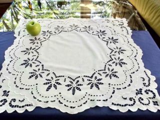 Antique Victorian Chic Linen Tablecloth Or Pillow Overlay Hand Richelieu Cutwork