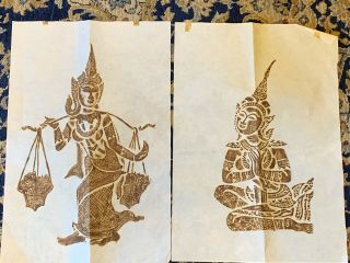 Pair Vintage Angkor Wat Thai/cambodian Temple Stone Rubbing On Rice Paper Rare