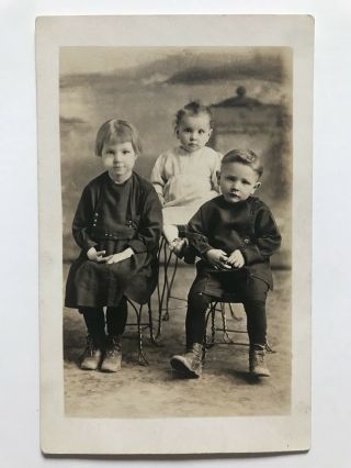 Rare Antique 3 Young Siblings Real Photo Postcard Rppc