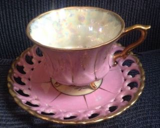 3 Footed Royal Sealy China Teacup Saucer Antique Pink & Gold Ribbed Iridescent