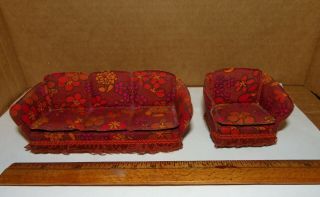 Vintage Dollhouse Furniture Sofa Couch & Chair Red Floral Living Room