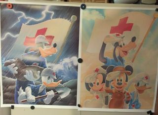 2 Walt Disney Red Cross Wwii Posters Mickey Mouse Rare Vintage 1990 