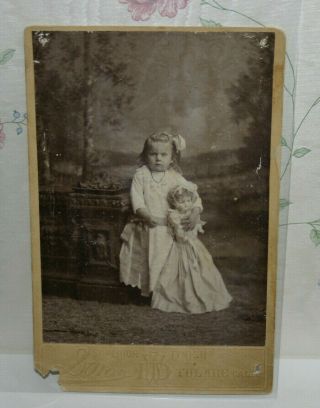 Antique Victorian Photo Image Cabinet Card Cute Little Girl Doll Bow Fashion