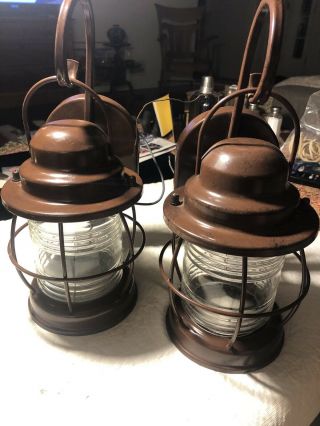 Vintage (2) Brown Nautical Outdoor Porch Lights Metal 12 - 1/2” Tall