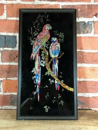Antique Reverse Painted Foil Folk Art Parrots In Wood Frame 17 " X 9 "