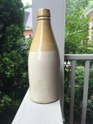 Antique Ginger Beer Bottle White And Tan Stoneware Unmarked 8 " Tall