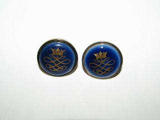 Vintage Royal Copenhagen Blue & Gold Porcelain Crown & Scroll Cufflinks 1 "