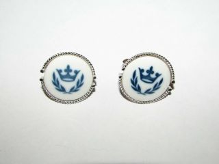 Vintage Royal Copenhagen Blue & White Porcelain Crown Cufflinks 1 "