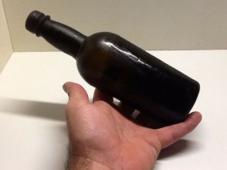 Antique Olive Amber (black Glass) 3 Piece Mold Beer Bottle.