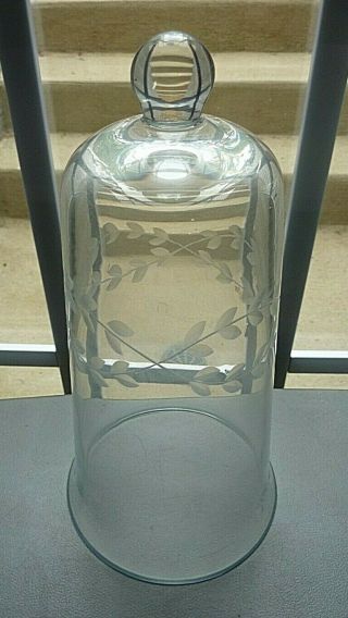 Estate Vintage Etched Leaves Glass Garden Cloche Bell Display Dome W Knob