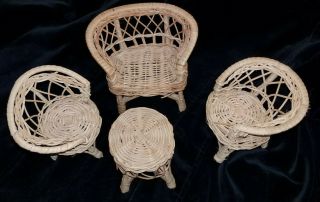 Vintage Wicker Rattan Doll Furniture Set 2 Chairs,  Loveseat & Table