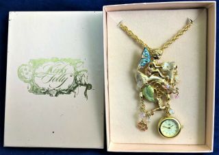 Rare Vintage Kirks Folly Moonflower Fairy Pendant Necklace Pin W/ Clock