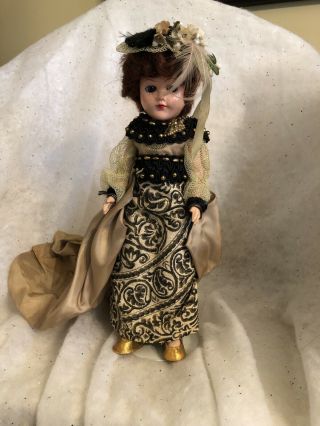 Vintage 11 Inch Composite Doll.  Dressed As A " Proper " Lady In Gold Brocade Gown