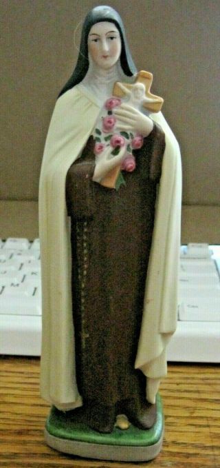Antique Germany Bisque Spirituality Christian Madonna Child Cross Figurine 7 "