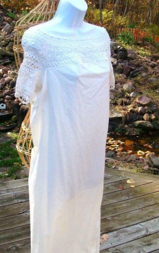 Antique Hand Sewn Cotton Lady’s Night Sleep Gown Cocheted Bodice/ Sleeves Lg