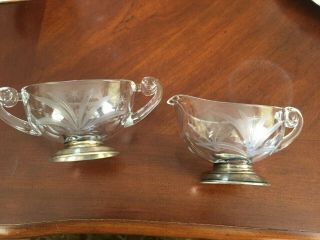 Antique Etched Glass Sugar And Creamer Set Silver Plate ? Bases