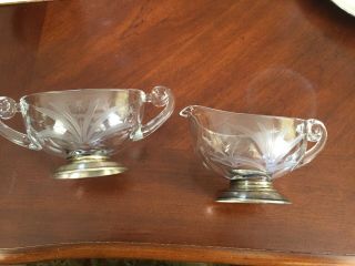 Antique Etched Glass Sugar and Creamer Set SILVER PLATE ? BASES 2