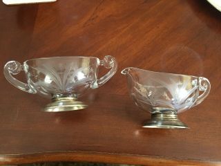 Antique Etched Glass Sugar and Creamer Set SILVER PLATE ? BASES 3