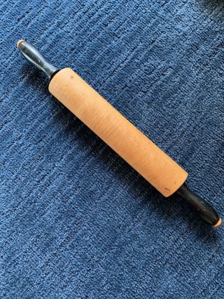 Vintage Antique Wood Rolling Pin W/black Handles