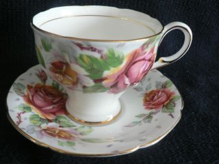 Paragon Tea Cup And Saucer Pink Yellow Roses With Scattered Leaves Footed N