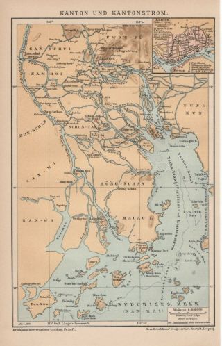 1899 China Canton Macao Macau Guangdong Guǎngdōng Shěng Antique Map Dated