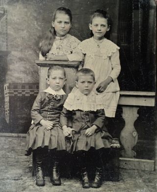 Antique American Four Cute Young School Girls Sisters & Brothers Tintype Photo