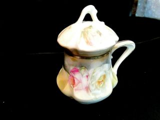 Rare Es Germany (prussia) Mustard Pot Pastel Roses Odd Form Marked