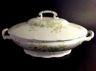 Victoria Austria Tureen Covered Bowl Antique 1904 Floral Gold Accents 12 ".