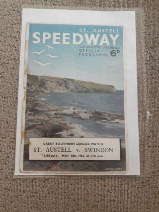 St.  Austell Speedway V Swindon 6th May 1952 Great Southern League Match.  Rare