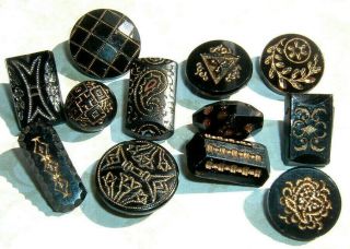 12 Vintage Antique Glass Buttons Paisley Art Nouveau Designs Faceted Goldstone