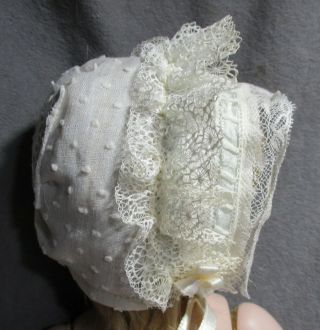 Vintage Doll Hat - Bonnet - Off - White Dotted Swiss w/Lace Ruffles 2