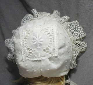 Vintage Doll Hat - Bonnet - Off - White Dotted Swiss w/Lace Ruffles 3