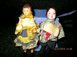 Miniature Antique Dollhouse 4 " Boy & Girl Doll Tagged Soviet Union Made