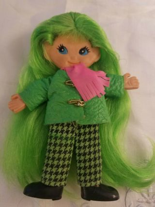 Vintage Ideal 5 " Rally Flatsy Doll 1969 Green Hair Jacket Pants Black Shoes