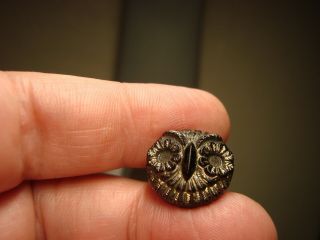 Antique Black Glass Silver Lustre Owl Head Button