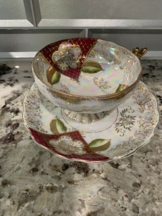 Vintage Mid Century Burgundy Flower Pearl Tea Cup Saucer Gold Trim