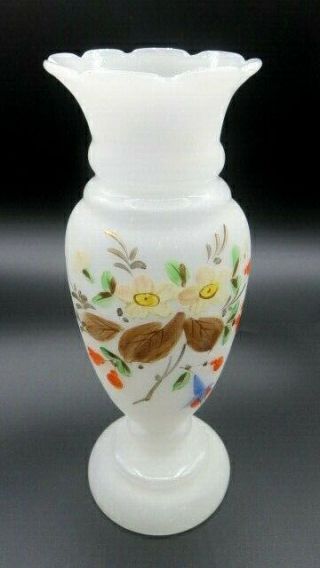 Antique Victorian White Opaline Opalescent Glass Vase Hand Painted Floral Decor