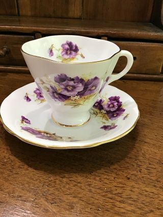 Vtg Clarence England Fine China Tea Cup And Saucer Violets,  Pansy