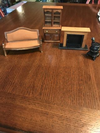 Vintage Dollhouse Shackman Furniture,  China Cupboard,  Sofa Couch,  Fireplace,  Stove