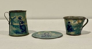 Antique Lithographed Tin Toy Tea Set Blue Dutch Scene Windmill 3 Piece